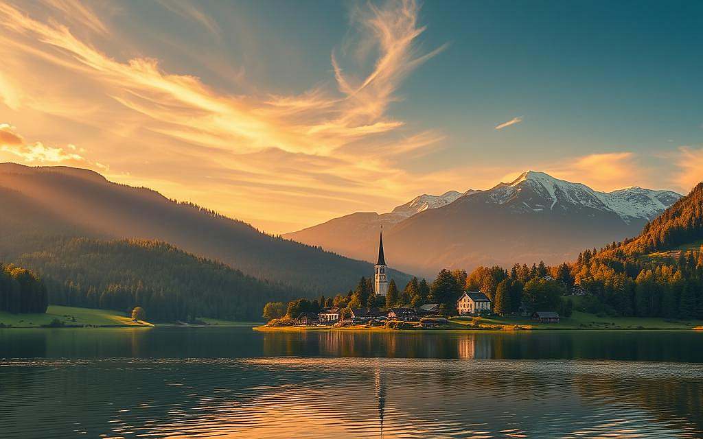 A peaceful, idyllic Lebenswelt landscape set in the golden hour. In the foreground, a tranquil lake reflects the surrounding verdant hills and forests. Wispy clouds drift overhead, illuminated by warm, diffused sunlight. The middle ground features a small village with charming cottages and a quaint church steeple, exuding a sense of community and timeless tradition. In the background, towering snow-capped mountains rise up, their majestic presence commanding reverence. The overall scene evokes a tangible, lived experience - a grounded, unmediated connection to the natural world. Photorealistic quality, 8K resolution.