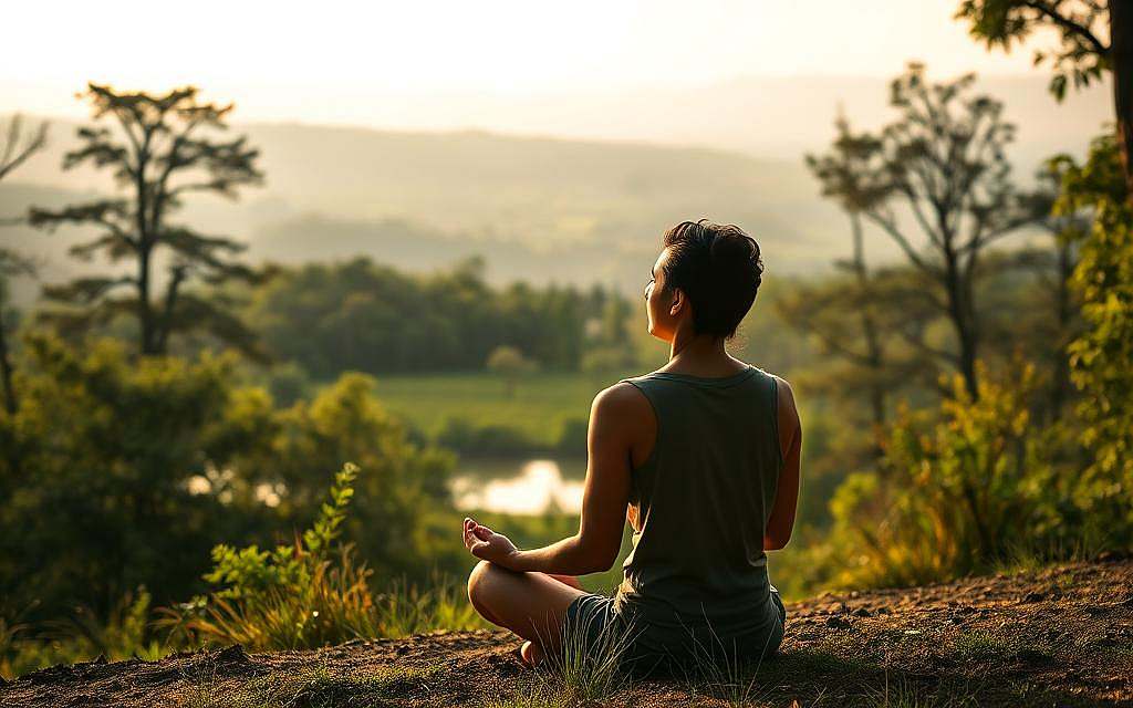 A peaceful, introspective scene with a person deep in contemplation, surrounded by the natural world. In the foreground, a person sits cross-legged, their eyes closed in silent meditation, their face radiating a sense of calm and tranquility. The middle ground features a lush, verdant landscape, with towering trees and a serene lake reflecting the sky above. The background is filled with rolling hills and a distant, hazy horizon, bathed in warm, golden light. The overall mood is one of stillness, focus, and personal growth, inviting the viewer to pause and reflect on their own inner journey.
