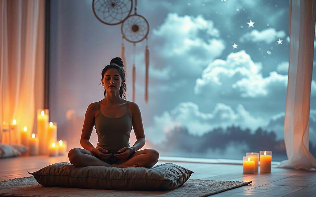 A peaceful, serene meditation space with a glowing, ethereal atmosphere. In the foreground, a person sits cross-legged on a plush cushion, their eyes closed and hands resting gently in their lap, deep in contemplation. Soft, diffused lighting illuminates the scene, creating a sense of tranquility. In the middle ground, candles flicker, their flames casting a warm, amber glow. Hanging above, a dreamcatcher sways gently, its intricate web-like structure symbolizing the interconnectedness of all things. The background features a mystical, nature-inspired landscape, with wispy clouds drifting across a starry night sky. An overall sense of spiritual practice and intuitive exploration pervades the image.
