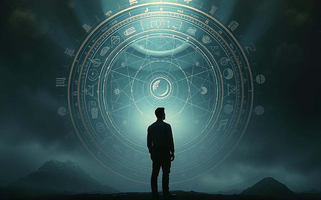 A pensive figure stands at the center of a dimly lit, introspective space, surrounded by a swirling, ethereal vortex of interconnected symbols and shapes. The figure's gaze is focused inward, contemplating the hermeneutical circle - the dynamic interplay between the whole and its parts, the interpreter and the interpreted. Subtle gradients of light and shadow imbue the scene with a sense of depth and mystery, while muted tones of blue, gray, and gold create a meditative, contemplative atmosphere. Geometric patterns and abstract motifs suggest the multifaceted, cyclical nature of understanding, inviting the viewer to explore the depths of interpretation and meaning.