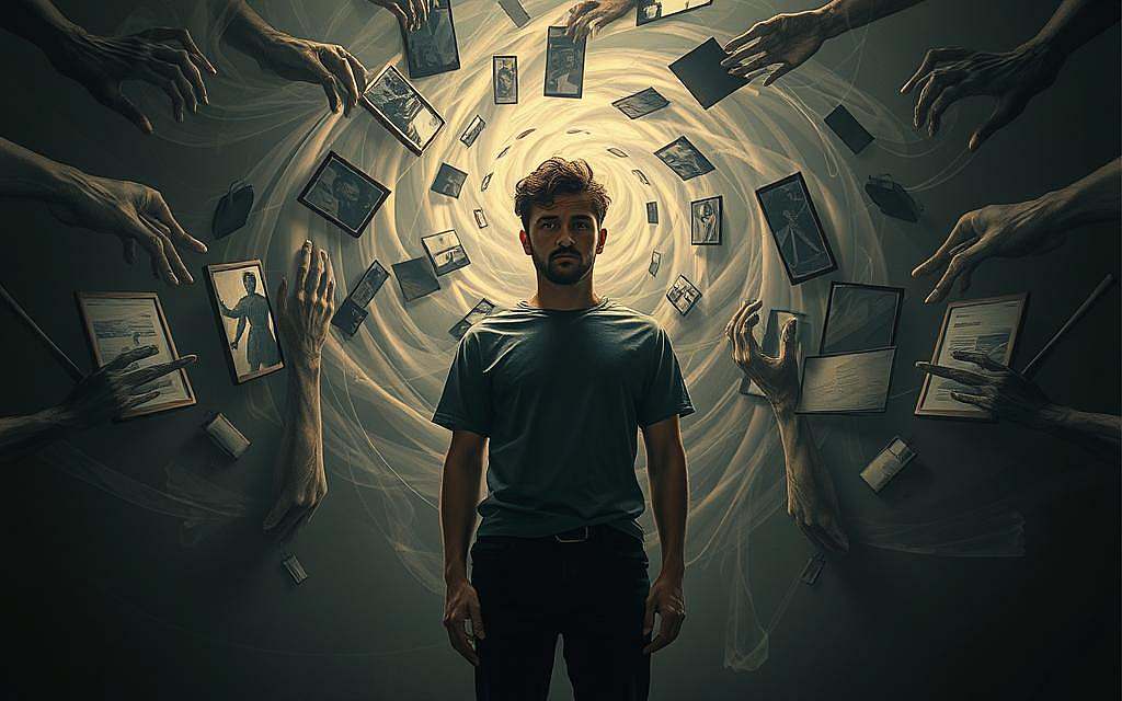 A pensive person stands in the center, their gaze inward, surrounded by a swirling vortex of societal influences - fragmented mirrors, disembodied hands, and abstract shapes representing cultural norms and expectations. The lighting is moody, with deep shadows and dramatic highlights, creating a sense of introspection and inner turmoil. The composition is balanced, with the figure occupying the middle ground, while the background elements encroach from all sides, highlighting the individual's struggle to maintain a coherent sense of self amidst the pressures of the outside world. The overall atmosphere is one of contemplation and the search for identity in a constantly changing social landscape.