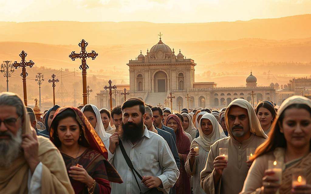 A pilgrimage to holy sites, where the faithful gather to worship Yahweh. In the foreground, a procession of devotees carrying religious symbols and candles, their faces etched with reverence. The middle ground reveals a majestic temple, its ornate architecture bathed in warm, golden light, casting an ethereal glow. In the background, rolling hills and a serene sky, hinting at the divine presence that permeates the sacred space. The scene exudes a sense of deep spiritual connection, as the worshippers engage in rituals and practices that have been passed down through generations, honoring the timeless traditions of their faith.
