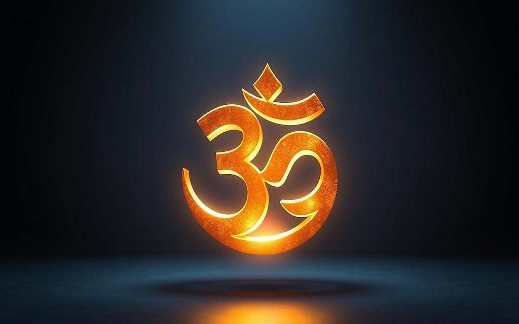 A radiant, three-dimensional Om symbol, the primordial sound of the universe, floats in a serene, meditative space. The symbol is carved from gleaming, golden-hued stone, with intricate, flowing lines that capture the essence of the Absolute. Soft, diffused lighting emanates from all sides, creating a sense of tranquility and spiritual resonance. The background is a deep, velvety indigo, hinting at the boundless, infinite nature of the Vedantic vision. The composition is balanced and centered, conveying a harmonious, harmonious unity at the heart of all existence.