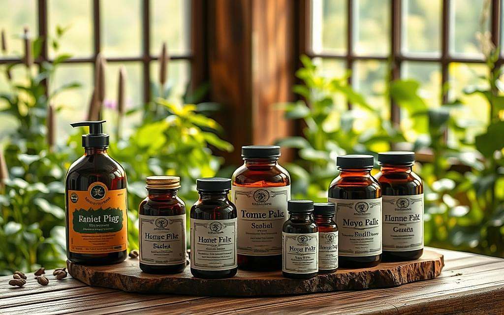 A rustic wooden table holds an assortment of herbal supplements, each bottle carefully labeled. The lighting is soft and natural, casting a warm glow over the scene. In the background, a lush, verdant garden of medicinal plants is visible through a large window, hinting at the origins of these high-quality products. The overall atmosphere is one of quality, authenticity, and a deep respect for the power of nature's remedies. The composition is balanced and inviting, drawing the viewer's eye to examine the details of the well-crafted, premium herbal goods.