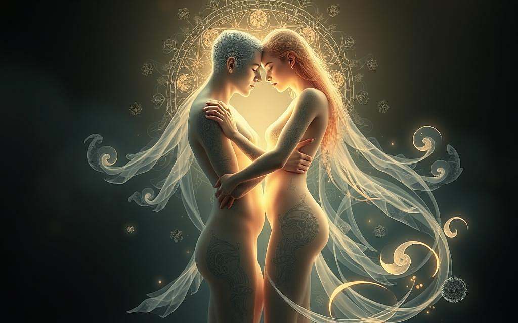 A sensual and spiritual union of two ethereal figures, their bodies entwined in a transcendent embrace. Luminous auras radiate from their forms, bathing the scene in a soft, mystical glow. Intricate patterns and symbols swirl around them, representing the interplay of yin and yang, the merging of body, mind, and soul. Subtle shadows ebb and flow, adding depth and mystery to the intimate tableau. The figures' faces are obscured, allowing the viewer to project their own interpretation of this profound, tantric love.