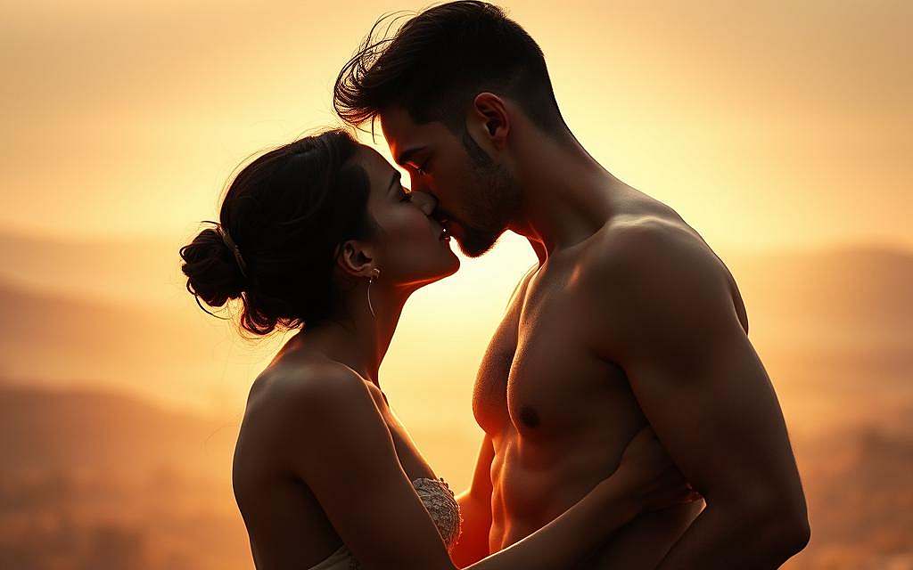 A sensual embrace between two figures, their bodies intertwined in a deep, passionate tantra kiss. The lovers' eyes are closed, their lips locked in a moment of pure, transcendent intimacy. Soft, warm lighting bathes the scene, creating a hazy, dreamlike atmosphere. The background is a serene, abstract landscape, with hints of subtle, earthy tones that evoke the natural, spiritual essence of tantra. The overall composition captures the profound connection and sacred energy between the two figures, transporting the viewer to a realm of heightened sensuality and spiritual communion.