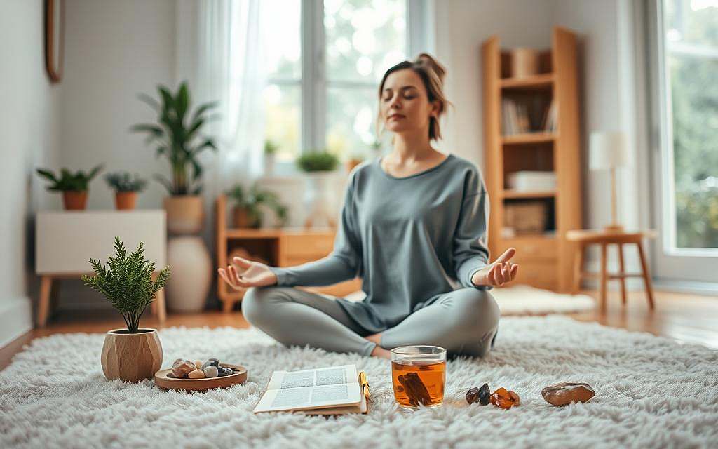 A serene and calming scene of self-care and mindfulness for a person with bipolar disorder. In the foreground, a person sits cross-legged on a plush rug, eyes closed in meditation, surrounded by soft lighting and delicate potted plants. The middle ground features a nightstand with a journal, a cup of herbal tea, and an array of soothing crystals. The background depicts a cozy, intimate living space with warm wooden tones, a bookshelf, and a window overlooking a tranquil garden. The overall atmosphere conveys a sense of inner peace, balance, and self-empowerment.