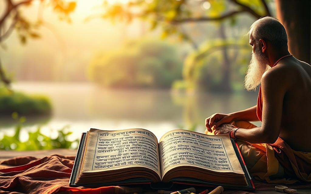 A serene and contemplative scene depicting the ancient text of the Mandukya Upanishad. In the foreground, a revered scholar sits cross-legged, poring over the sacred manuscript, its weathered pages glowing softly in the warm, diffused light. In the middle ground, intricate Sanskrit inscriptions swirl across the page, capturing the profound wisdom and metaphysical insights of this foundational work of Vedanta philosophy. The background opens up to a tranquil, natural setting - perhaps a lush, verdant forest or a tranquil lakeside - evoking the peaceful, introspective atmosphere associated with the study of these ancient spiritual texts. The overall composition radiates a sense of timeless, contemplative serenity, befitting the deep philosophical exploration of the nature of the self and the universe.