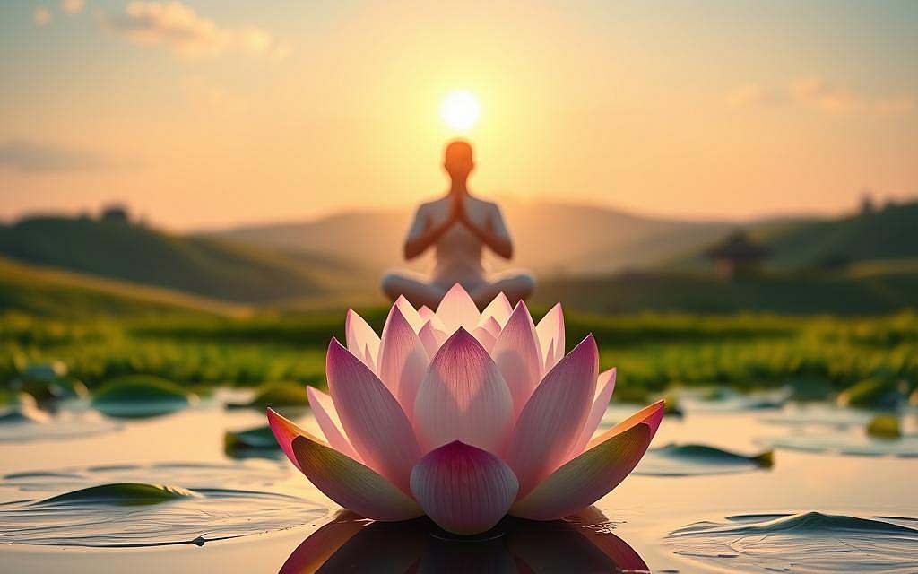 A serene and contemplative scene depicting the essence of the Namaste philosophy. In the foreground, a lotus flower blooms atop a tranquil pond, its petals unfurling to reveal an intricate pattern. The middle ground features a figure in a meditative pose, hands joined in the traditional Namaste gesture, radiating an aura of inner peace and unity with the divine. The background showcases a lush, verdant landscape with rolling hills, a clear sky, and the warm glow of the sun casting a soft, ethereal light over the entire scene. The overall mood is one of introspection, harmony, and the recognition of the divine spark within all beings.