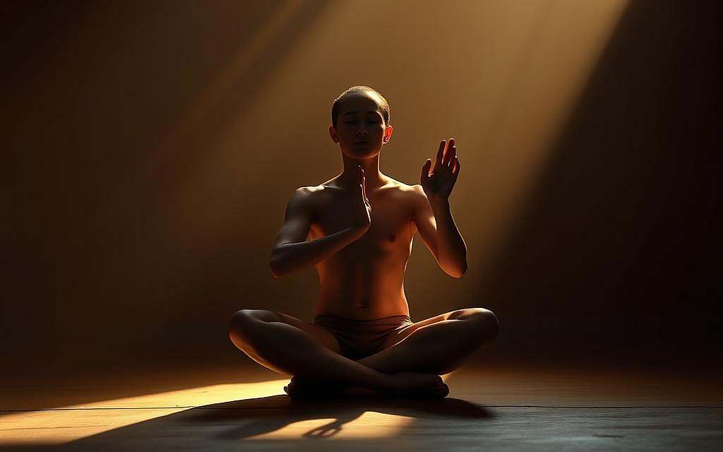 A serene and contemplative scene of a person deeply immersed in Mantra-Praxis, the spiritual practice of chanting sacred syllables. The figure, seated in a cross-legged position, is bathed in warm, diffused lighting, creating an atmosphere of introspection and inner calm. The background features a minimalist, earthy setting with gentle textures and muted colors, such as natural stone or wood, allowing the focus to remain on the meditative act. Soft, indirect lighting casts subtle shadows, highlighting the gentle movements of the practitioner's hands as they move in a rhythmic, mesmerizing pattern. An air of tranquility and presence pervades the scene, inviting the viewer to pause and connect with the profound power of the Mantra-Praxis.