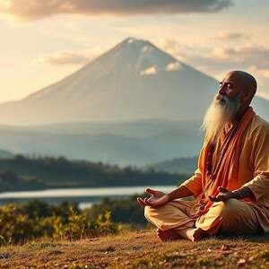 A serene and contemplative scene of Advaita Vedanta, the spiritual philosophy of non-duality. In the foreground, a sage sits cross-legged, eyes closed in deep meditation, radiating an aura of tranquility. The middle ground features a picturesque landscape of rolling hills, lush vegetation, and a tranquil lake reflecting the sky above. In the background, a majestic mountain range stands tall, its peaks illuminated by a warm, golden light, symbolizing the transcendent nature of the Absolute. The overall atmosphere is one of introspection, unity, and the dissolution of the individual self into the universal consciousness. Soft, diffused lighting creates a dreamlike, ethereal quality, inviting the viewer to contemplate the essence of Advaita Vedanta.