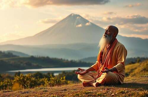A serene and contemplative scene of Advaita Vedanta, the spiritual philosophy of non-duality. In the foreground, a sage sits cross-legged, eyes closed in deep meditation, radiating an aura of tranquility. The middle ground features a picturesque landscape of rolling hills, lush vegetation, and a tranquil lake reflecting the sky above. In the background, a majestic mountain range stands tall, its peaks illuminated by a warm, golden light, symbolizing the transcendent nature of the Absolute. The overall atmosphere is one of introspection, unity, and the dissolution of the individual self into the universal consciousness. Soft, diffused lighting creates a dreamlike, ethereal quality, inviting the viewer to contemplate the essence of Advaita Vedanta.