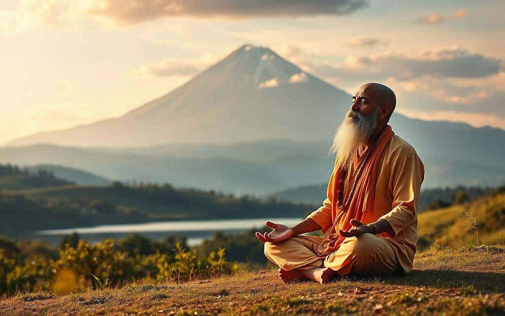 A serene and contemplative scene of Advaita Vedanta, the spiritual philosophy of non-duality. In the foreground, a sage sits cross-legged, eyes closed in deep meditation, radiating an aura of tranquility. The middle ground features a picturesque landscape of rolling hills, lush vegetation, and a tranquil lake reflecting the sky above. In the background, a majestic mountain range stands tall, its peaks illuminated by a warm, golden light, symbolizing the transcendent nature of the Absolute. The overall atmosphere is one of introspection, unity, and the dissolution of the individual self into the universal consciousness. Soft, diffused lighting creates a dreamlike, ethereal quality, inviting the viewer to contemplate the essence of Advaita Vedanta.