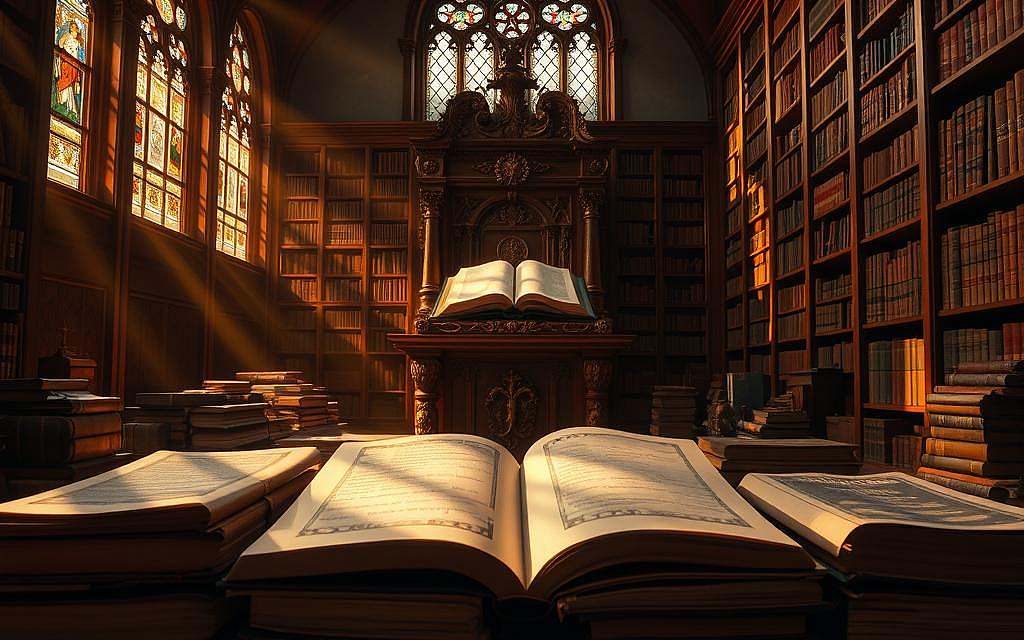 A serene and contemplative scene of ancient sacred texts, bathed in warm, golden light filtering through stained glass windows. In the foreground, a collection of leather-bound tomes, their pages illuminated with intricate calligraphy and illustrations. The middle ground features a large, intricately carved wooden lectern, upon which rests an ornate, gilded Bible. Towering bookshelves line the walls, casting long shadows that add depth and texture to the space. The atmosphere is one of reverence and timelessness, inviting the viewer to ponder the profound spiritual truths contained within these hallowed volumes.