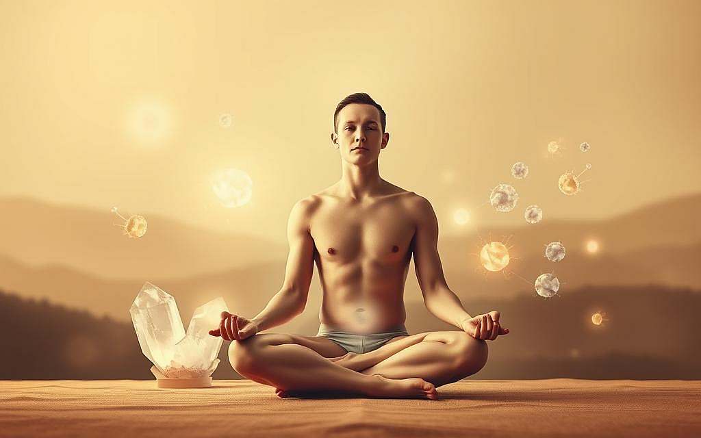 A serene and contemplative scene showcasing the interconnectedness of the mind, body, and immune system. In the foreground, a person sitting cross-legged in a meditative pose, their expression radiating an inner calm. Surrounding them, a soft, ethereal glow emanates from luminous crystals, representing the subtle energies and vibrations that flow through the body. In the middle ground, microscopic cells and molecules dance in a harmonious choreography, symbolizing the intricate biological processes at work. The background features a soothing, abstract landscape with muted, earthy tones, evoking a sense of grounding and balance. Warm, diffused lighting casts a gentle, contemplative atmosphere, guiding the viewer to a deeper understanding of the therapeutic approaches in psychoneuroimmunology.