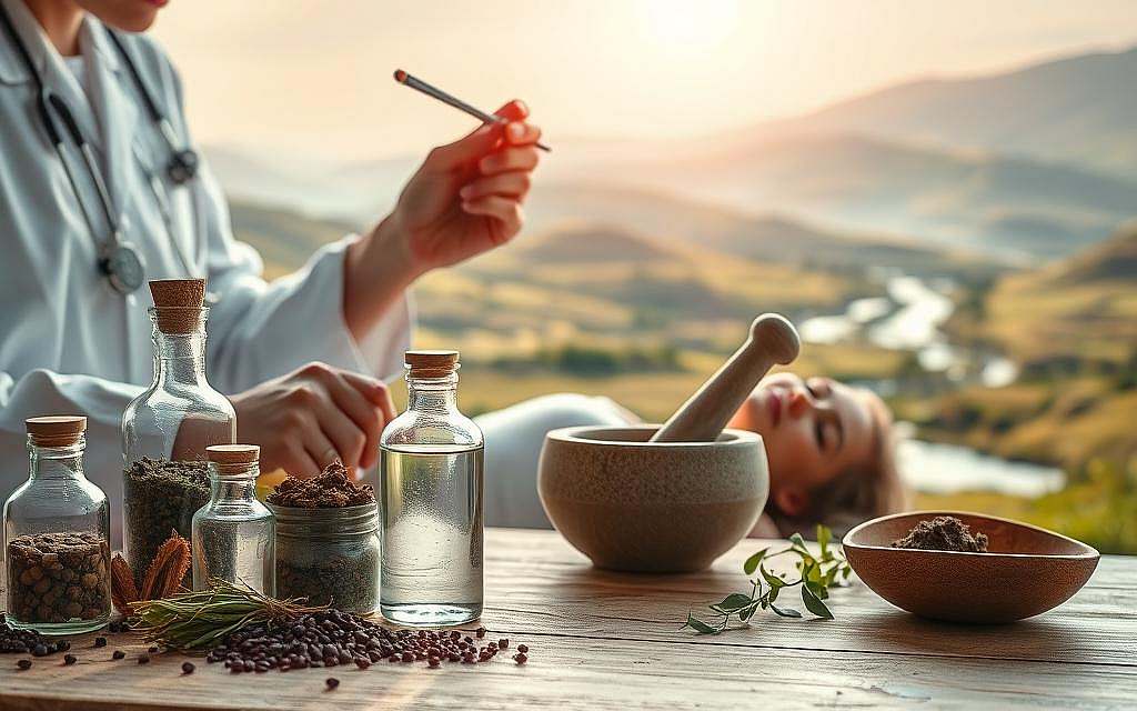 A serene and harmonious scene depicting the integration of Novosiden into complementary medicine. In the foreground, a practitioner is carefully preparing a natural herbal remedy, surrounded by an array of holistic elements - crystalline vials, dried botanicals, and a simple mortar and pestle. The middle ground features a patient resting peacefully, their aura radiant with wellness. In the background, a tranquil landscape unfolds, with rolling hills, a gently flowing stream, and a clear, sunlit sky overhead, creating an atmosphere of balance and rejuvenation. The lighting is soft and diffused, casting a warm, healing glow throughout the scene. This image conveys the harmony between conventional and alternative therapies, with Novosiden playing a supportive role in the holistic treatment of the mind, body, and spirit.