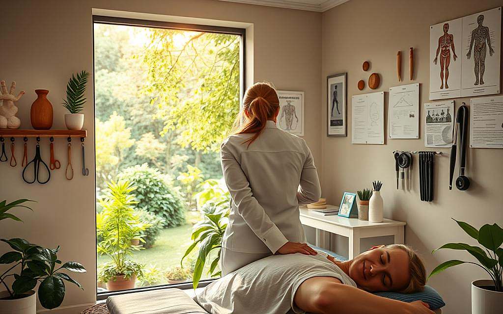 A serene and holistic osteopathic clinic in a tranquil natural setting. The foreground features a practitioner performing a gentle spinal adjustment on a patient, their expressions calm and focused. In the middle ground, various osteopathic tools and diagrams adorn the walls, conveying the clinic's expertise. The background showcases a lush garden, with sunlight filtering through the trees, creating a warm, soothing ambiance. The lighting is soft and diffused, emphasizing the clinic's peaceful and restorative atmosphere. The overall scene evokes a sense of harmony, balance, and the preventative power of holistic osteopathic care.
