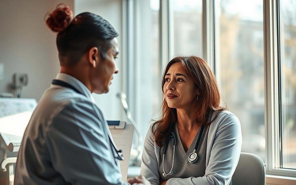 A serene and intimate medical consultation room, with a doctor and patient engaged in a thoughtful discussion. Soft natural lighting filters through large windows, casting a warm glow on the scene. The patient is the central focus, their face conveying a sense of trust and openness. The doctor leans in, their body language suggesting empathy and attentive listening. Medical equipment and charts are present, but in the background, subtly framing the human connection at the heart of the interaction. An atmosphere of care, understanding, and the patient's wellbeing being the top priority permeates the space.