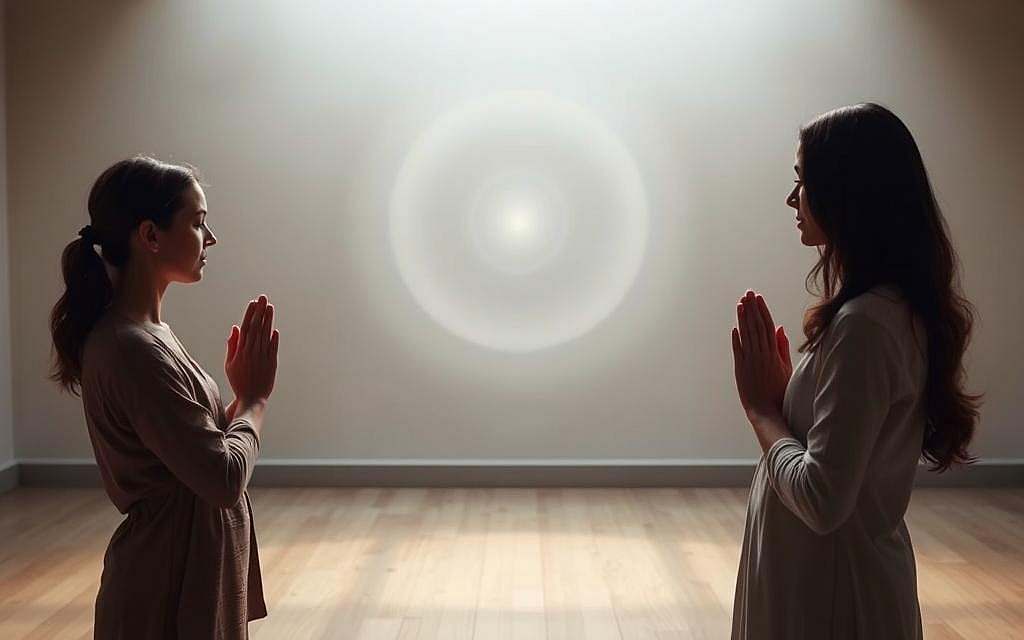 A serene and introspective scene depicting the energetic "Namaste Wirkung" or the profound effect of the Namaste gesture. In the foreground, two people stand face-to-face, their palms joined in a traditional Namaste, radiating a sense of reverence and connection. The middle ground features a tranquil, minimalist setting with soft, diffused lighting, emphasizing the meditative quality of the moment. In the background, a subtle energy field or aura surrounds the figures, visualizing the spiritual essence and unity they share. The overall mood is one of introspection, harmony, and the deep resonance of the Namaste experience.