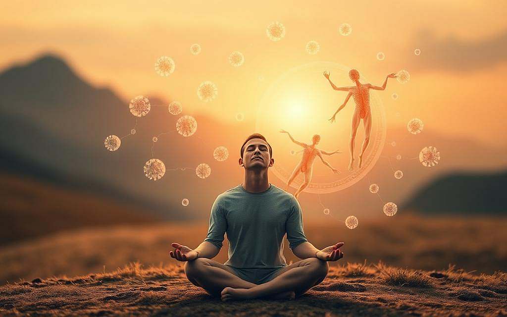 A serene and meditative scene depicting the intricate connection between the human psyche and the immune system. In the foreground, a person sits cross-legged, eyes closed, their expression one of deep contemplation. Surrounding them, glowing orbs of energy radiate outward, representing the intricate dance between the mind and the body's natural defenses. In the middle ground, a stylized representation of the immune system, with cells and molecules interacting in a harmonious flow. The background features a softly blurred landscape, hinting at the larger context in which this process unfolds. The lighting is warm and diffused, creating an atmosphere of tranquility and inner balance. The composition is well-balanced, with a sense of depth and movement that draws the viewer into the scene.