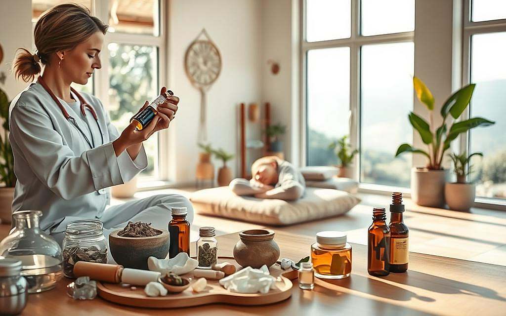 A serene and meditative scene of a holistic healthcare setting, with soft natural lighting filtering through large windows. In the foreground, a practitioner carefully prepares a dose of methadone within an array of complementary medicine tools and remedies, such as crystals, herbs, and essential oils. The middle ground features a client resting comfortably on a cushioned table, surrounded by soothing decor elements like potted plants and calming artwork. The background depicts a peaceful, nature-inspired landscape, hinting at the integration of natural healing within this complementary approach to methadone treatment. The overall mood is one of tranquility, balance, and a holistic perspective on wellness.