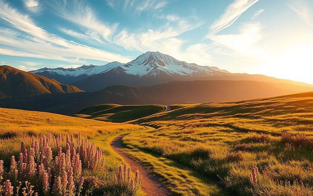 A serene and tranquil landscape, bathed in warm, golden light. In the foreground, a winding path leads through a lush, verdant meadow, dotted with vibrant wildflowers in shades of pink, purple, and yellow. In the middle ground, a majestic, snow-capped mountain range rises up, its peaks reaching towards the sky. The background is a vast, azure sky, with wispy, cloud-like brushstrokes adding depth and dimension. The overall atmosphere is one of harmony, balance, and a sense of well-being, reflecting the principles of Salutogenesis as outlined by Aaron Antonovsky. The scene is captured through a wide-angle lens, creating a panoramic, immersive effect, inviting the viewer to step into the tranquil, restorative landscape.