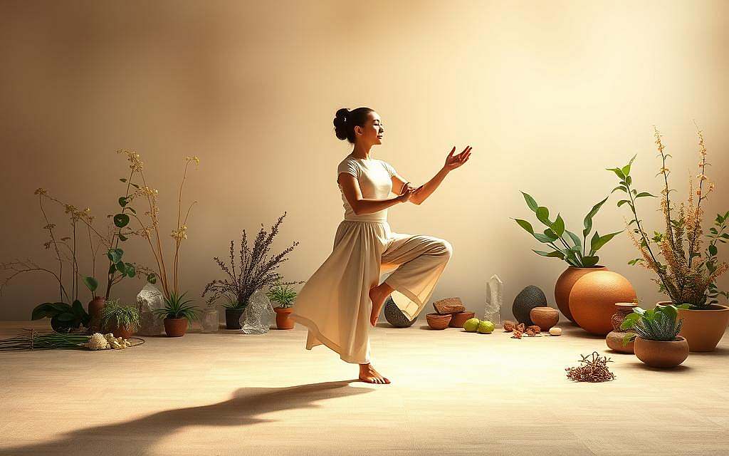 A serene and tranquil scene depicting the practice of Qigong and energy medicine. In the foreground, a person performs graceful, flowing movements, their body radiating an aura of inner calm and balance. In the middle ground, a variety of natural elements such as plants, crystals, and elements of traditional Chinese medicine create a harmonious, holistic atmosphere. The background features soft, muted tones, evoking a sense of the unseen, subtle energies that Qigong and energy medicine seek to harness. The lighting is soft and diffused, creating a sense of warmth and healing. The overall composition conveys a serene, meditative mood, inviting the viewer to experience the profound connection between the physical, mental, and spiritual aspects of wellbeing.