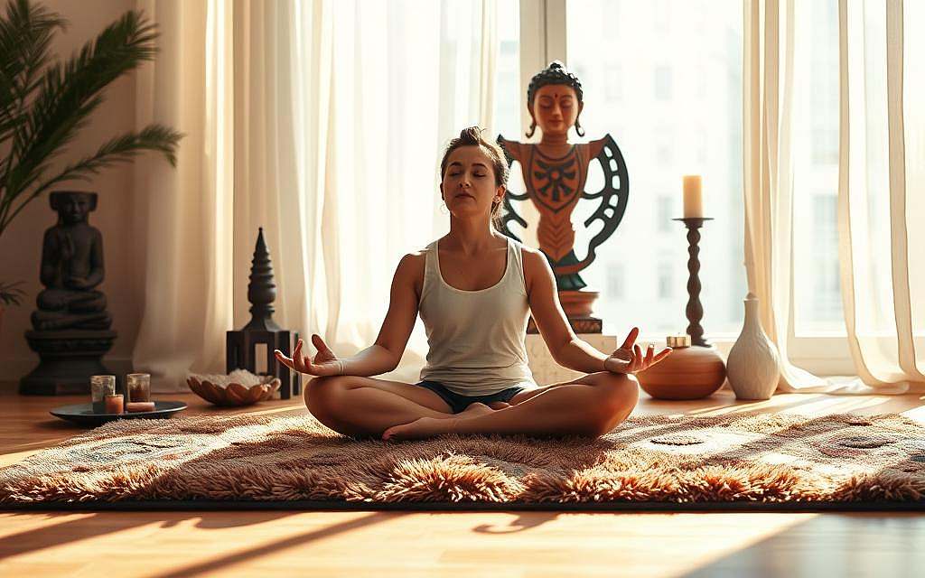A serene and tranquil scene of a person meditating in a sunlit room, surrounded by elements of Tantra. The foreground features a person sitting cross-legged on a plush, colorful rug, their eyes closed in deep contemplation. The middle ground showcases various Tantric symbols and artifacts, such as a carved wooden statue, candles, and incense. The background is softly lit, with warm natural light filtering through sheer curtains, creating a calming and reflective atmosphere. The overall composition conveys a sense of integration, balance, and the harmonious incorporation of Tantric practices into everyday life.