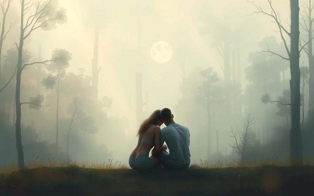 A serene, atmospheric landscape depicting the concept of "Bindung und Bewusstsein". In the foreground, two figures sit facing each other, their bodies and expressions reflecting a deep emotional connection. The background features a hazy, dreamlike forest with soft, diffused lighting, creating a sense of introspection and inner awareness. The figures are rendered with a painterly, ethereal quality, their forms subtly blending into the surrounding environment. The overall mood is one of contemplation, intimacy, and the profound interplay between our relationships and our inner world.