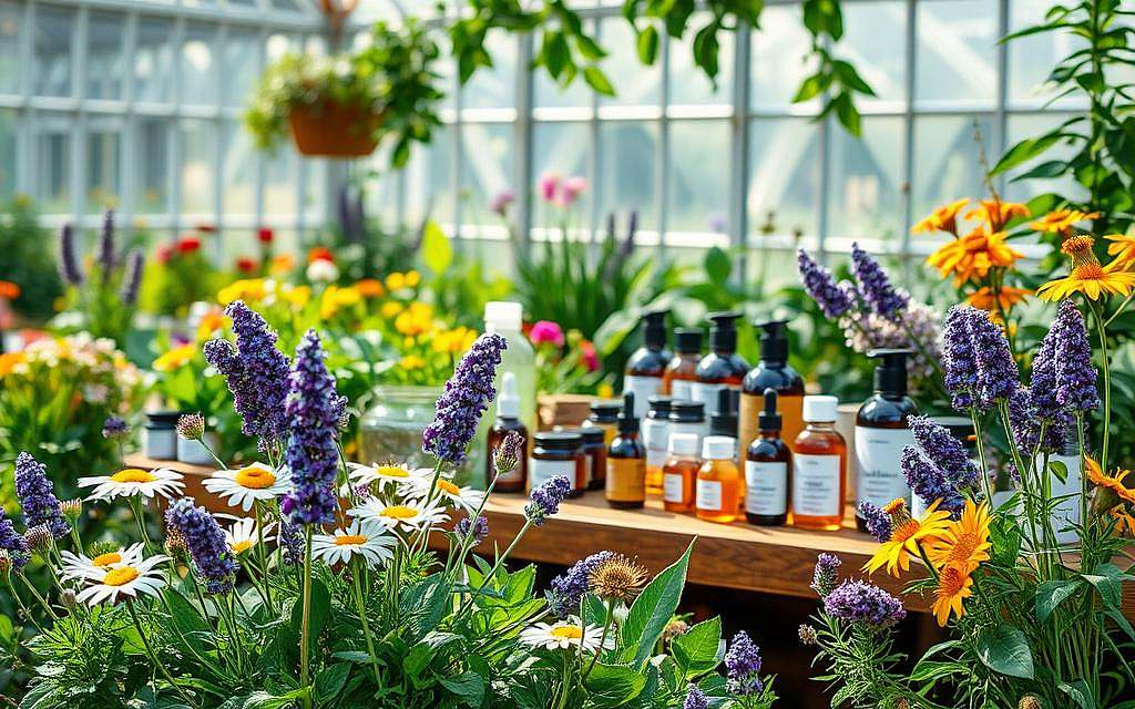 A serene botanical garden scene showcasing an array of lush, vibrant medicinal plants. In the foreground, a variety of healing herbs and flowers such as chamomile, lavender, and calendula are artfully arranged, their delicate petals and leaves illuminated by warm, natural lighting. In the middle ground, a wooden table displays an assortment of herbal remedies, tinctures, and skincare products, hinting at the transformative power of plant-based therapies. The background features a tranquil greenhouse setting, with sunlight streaming through the glass panes and casting a soft, ethereal glow over the scene. The overall composition conveys a sense of holistic wellness, inviting the viewer to discover the restorative properties of phytotherapy for the skin.