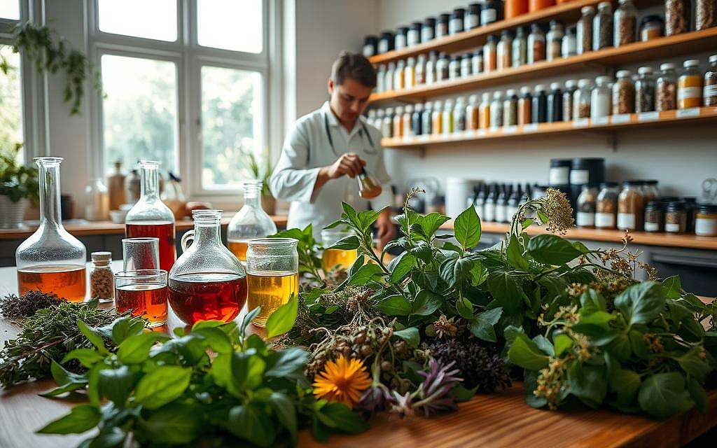A serene botanical laboratory, illuminated by soft natural light filtering through large windows. In the foreground, an assortment of fresh herbs and flowers, their vibrant colors and textures inviting closer inspection. On the wooden countertop, glass beakers and alembics containing various herbal infusions, the liquids gently swirling. In the middle ground, a skilled phytotherapist carefully measuring and mixing ingredients, their movements precise and deliberate. The background features rows of shelves housing jars and bottles filled with dried botanicals, each labeled with its medicinal properties. An atmosphere of quiet focus and reverence for the power of nature permeates the scene.