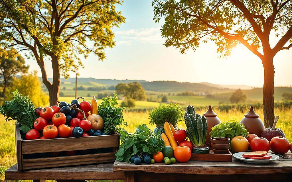 A serene, bucolic scene showcasing the principles of naturopathic nutrition. In the foreground, a bountiful harvest of fresh, organic produce - vibrant fruits, crisp vegetables, and lush greens - arranged in a rustic wooden crate. The middle ground features a simple, wooden table adorned with earthenware dishes and utensils, conveying a sense of simplicity and connection to nature. In the background, a verdant landscape with rolling hills, towering trees, and a clear, azure sky, bathed in warm, golden light, creating a tranquil, nurturing atmosphere. The overall composition evokes a harmonious balance between the natural world and the principles of holistic, nourishing sustenance.