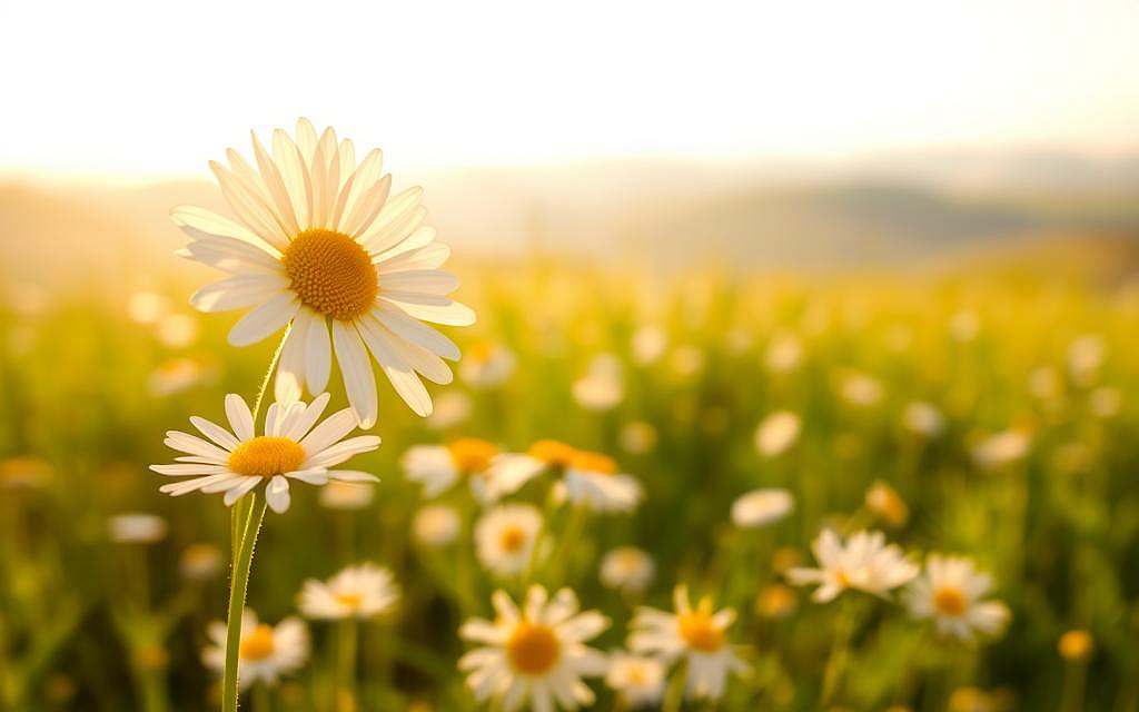 A serene chamomile flower field bathed in warm, golden sunlight. In the foreground, a single, delicate chamomile blossom with its classic white petals and vibrant yellow center, captured in intricate detail. The middle ground reveals a lush, rolling meadow dotted with swaying chamomile plants, their fragrant petals gently rustling in a soft breeze. The background features a hazy, blurred landscape with a hint of rolling hills, creating a sense of peaceful tranquility. The overall atmosphere is one of natural healing and soothing calm, perfectly capturing the essence of "Kamille: Der sanfte Heiler".