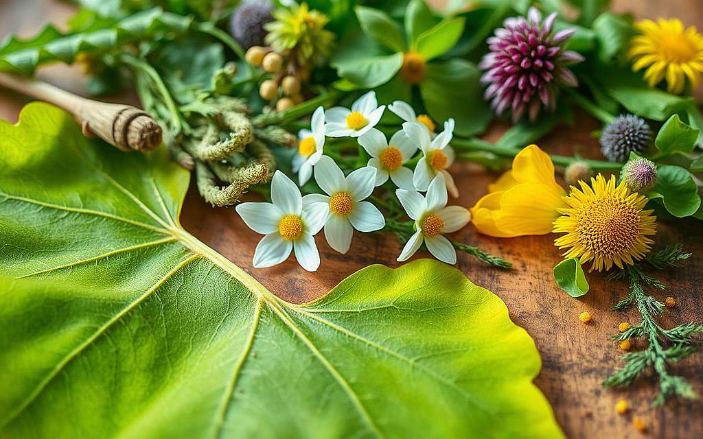 A serene close-up shot of various herbal specimens on a wooden table, illuminated by soft, natural lighting. In the foreground, meticulously arranged Ginkgo Biloba leaves, their vibrant green hues and delicate veins captured in exquisite detail. In the middle ground, sprigs of Weißdorn (Hawthorn) flowers, their white petals and golden centers radiating a sense of purity. Surrounding these, an assortment of herbs such as Salbei, Kamille, and Echinacea, each showcasing their distinct textures and shades of green, yellow, and purple. The overall composition conveys a serene, contemplative atmosphere, emphasizing the quality and natural essence of these healing plants.