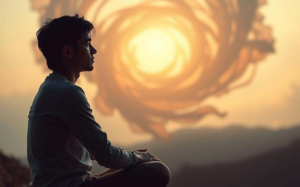 A serene, contemplative composition depicting the psychological perspectives on self and identity. In the foreground, a pensive figure sits cross-legged, their gaze introspective, representing the inner exploration of the self. The middle ground features a swirling vortex of abstract shapes and forms, symbolizing the fluid and ever-changing nature of identity. The background is bathed in a warm, diffused light, evoking a sense of enlightenment and self-discovery. The overall scene conveys a sense of introspection, personal growth, and the multifaceted nature of human consciousness.