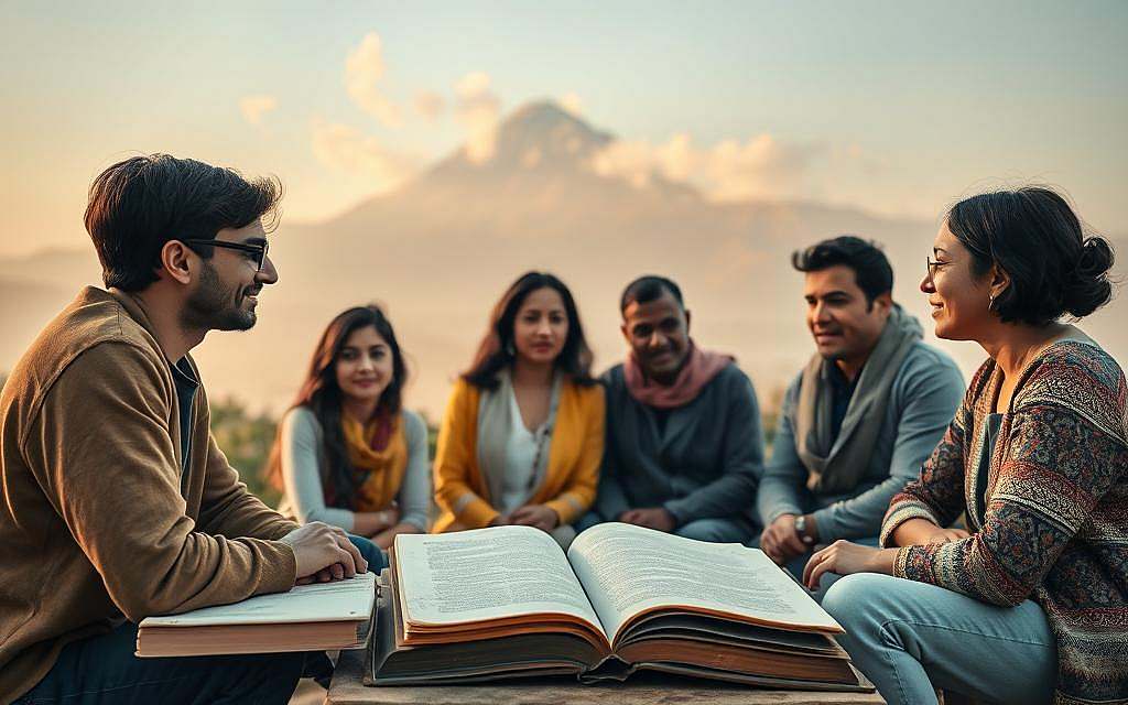 A serene, contemplative landscape depicting the intersection of Hermeneutics and Interculturality. In the foreground, a diverse group of people engage in thoughtful discourse, their expressions reflecting deep understanding and respect for one another's perspectives. The middle ground features ancient tomes and scrolls, symbolizing the rich intellectual traditions that inform this dialogue. In the background, a majestic mountain range rises, its peaks shrouded in wisps of cloud, evoking the profound depths of human comprehension. Warm, diffused lighting bathes the scene, creating an atmosphere of enlightenment and mutual growth. Captured through a wide-angle lens, the composition emphasizes the harmony and interconnectedness of this cross-cultural exploration of Hermeneutics.