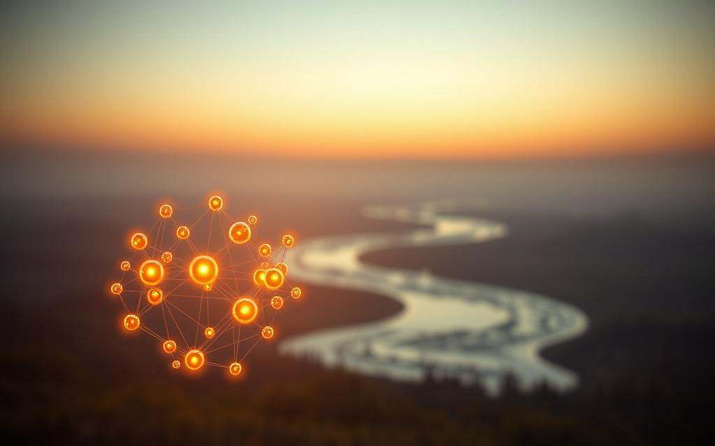 A serene, contemplative landscape where interconnected nodes of knowledge and understanding form a collective intelligence. In the foreground, a sphere of glowing orbs representing the individual components of this greater whole, radiating a warm, ethereal light. In the middle ground, a flowing river of ideas, its currents carrying insights and discoveries. In the background, a tranquil, minimalist horizon, evoking a sense of balance, harmony, and the boundless potential of collaborative thought. Warm, soft lighting casts a thoughtful glow, while a shallow depth of field focuses the viewer's attention on the central elements. The overall mood is one of enlightenment, unity, and the power of shared knowledge.