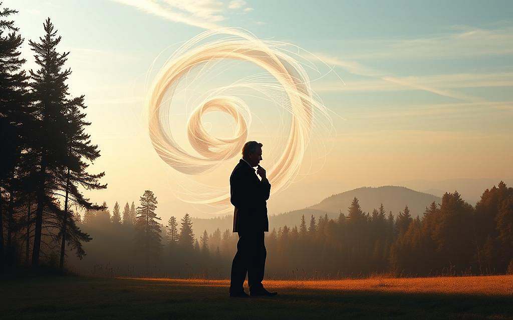 A serene, contemplative landscape with a central figure representing the influential philosopher Martin Heidegger. The foreground features Heidegger's silhouette, deep in thought, standing amidst a tranquil forest clearing bathed in warm, diffused lighting. The middle ground showcases a swirling, ethereal visualization of Heidegger's key philosophical concepts, such as Being, Time, and Consciousness, expressed through abstract, luminous forms. The background depicts a vast, expansive sky, hinting at the grand scale and profound impact of Heidegger's ideas on modern philosophy. The overall atmosphere evokes a sense of contemplation, intellectual depth, and the far-reaching influence of Heidegger's groundbreaking work.