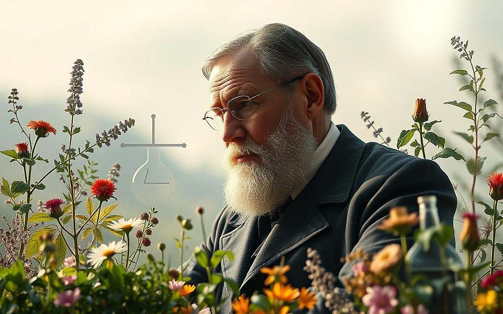 A serene, contemplative portrait of the pioneering German physician and bacteriologist Robert Koch, set against a backdrop of plants and natural elements associated with complementary and alternative medicine. The scene depicts Koch in thoughtful repose, his gaze directed inward, surrounded by a softly-lit, naturalistic environment. The foreground features an array of herbs, flowers, and other medicinal botanicals, alluding to Koch's later interest in holistic approaches to healing. The middle ground showcases a simplified, minimalist interpretation of Koch's laboratory equipment and scientific instruments, hinting at his groundbreaking work in the field of microbiology. The background dissolves into a hazy, dreamlike landscape, conveying a sense of introspection and the interconnectedness of traditional and modern medical paradigms.