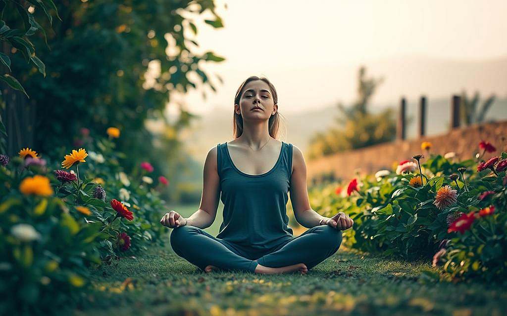 A serene, contemplative scene depicting the concept of self-determination. In the foreground, a woman sits cross-legged, her eyes closed and expression tranquil, symbolizing inner peace and self-awareness. Surrounding her, a lush, verdant garden with vibrant flowers and sunlight filtering through the leaves, creating a sense of growth, freedom, and personal autonomy. In the background, a soft, hazy horizon, suggesting the boundless potential of the individual. The lighting is natural and warm, casting a gentle glow over the entire composition. The overall atmosphere evokes a feeling of empowerment, self-actualization, and the ability to shape one's own destiny.