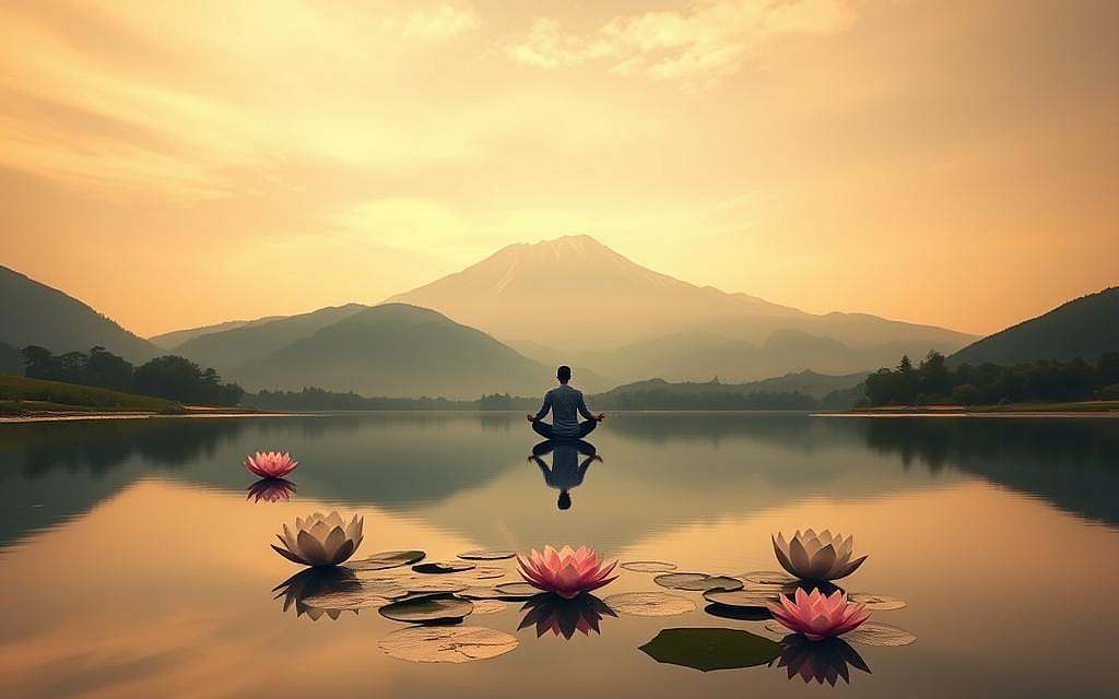 A serene, contemplative scene depicting the core concepts of Vedanta philosophy. In the foreground, a tranquil lake reflects the sky and surrounding landscape, symbolizing the Atman-Brahman non-duality. Floating lotus blossoms represent the Upanishadic ideas of Mandukya, Manduka, and the spiritual self. In the middle ground, a lone figure sits in a state of deep meditation, embodying the Advaita principle of Oneness. The background features a majestic mountain range, evoking the vastness and grandeur of the Vedantic vision. Warm, diffused lighting and a muted color palette create a sense of timelessness and introspection. The composition emphasizes the harmonious integration of the individual and the universal, the finite and the infinite.