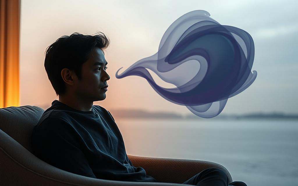 A serene, contemplative scene depicting the role of emotions in bipolar disorder. In the foreground, a person sits in a comfortable armchair, their face etched with a pensive, reflective expression. The lighting is soft and warm, casting a gentle glow on their features, conveying a sense of introspection and self-awareness. In the middle ground, abstract, swirling shapes in muted tones of blue, purple, and gray represent the ebbs and flows of emotional states characteristic of bipolar disorder. The background is a tranquil, minimalist landscape, suggesting the importance of finding balance and inner peace amidst the turbulence of mood swings. The overall atmosphere is one of contemplation, emotional awareness, and the journey toward emotional regulation.