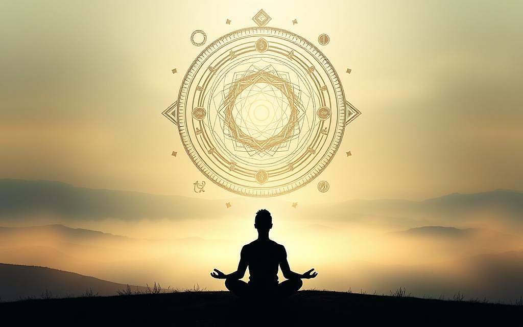 A serene, contemplative scene depicting the role of values and belief systems in self-discovery. In the foreground, a tranquil figure sits in a lotus position, eyes closed, immersed in deep introspection. Soft, diffused lighting illuminates their silhouette, creating a sense of inner clarity. In the middle ground, a swirling vortex of abstract geometric shapes and symbols represents the complex interplay of values, beliefs, and personal identity. The background is a hazy, dreamlike landscape, suggesting the expansive, intangible nature of the spiritual and philosophical realms. The overall mood is one of introspection, balance, and the search for meaning.