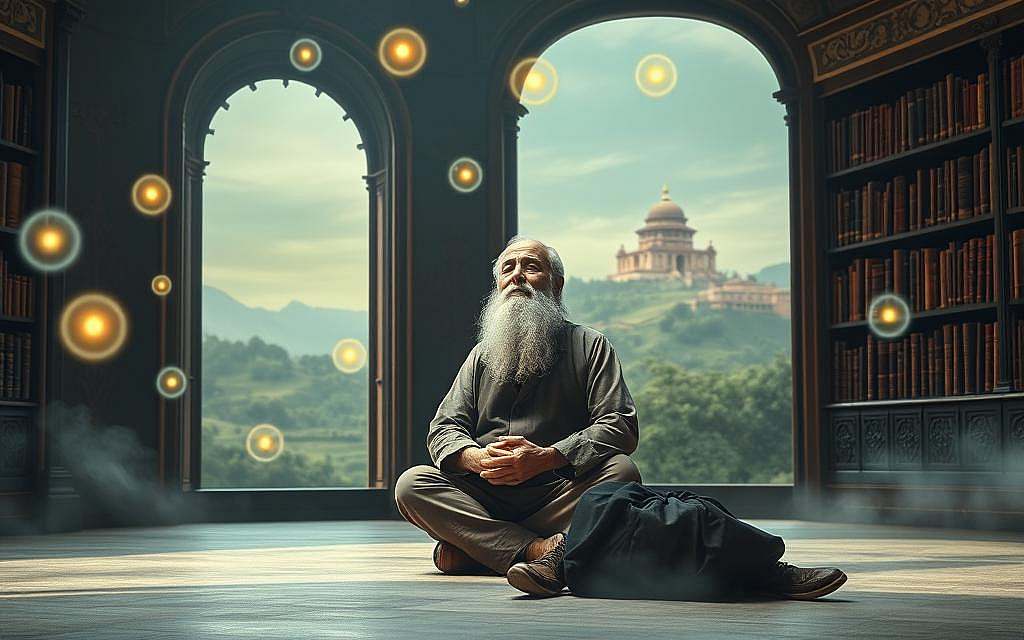 A serene, contemplative scene of a philosopher immersed in the "Philosophie des gesprochenen Wortes". In the foreground, a wise, elderly man sits cross-legged, eyes closed, hands resting gently in his lap. He is surrounded by floating, glowing orbs of light, representing the sacred power of the spoken word. The middle ground features a dimly lit, ornate library, with ancient tomes lining the shelves, hinting at the deep well of knowledge and tradition. The background depicts a tranquil, dreamlike landscape, with a distant temple or monastery, suggesting the spiritual realm that the philosophy of the spoken word aims to connect with. The lighting is soft and diffused, creating an atmosphere of reverence and introspection. The entire scene evokes a sense of the profound wisdom and mystical power inherent in the philosophy of the spoken word.