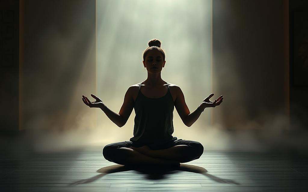 A serene, dimly lit chamber with a single figure sitting in lotus position, eyes closed, palms upturned in a state of deep Qigong meditation. Soft, warm lighting bathes the scene, casting gentle shadows that accentuate the contours of the meditator's face and body. The background is shrouded in a mist of tranquility, hinting at a realm beyond the physical. An aura of calm and focus emanates from the figure, inviting the viewer to join in the experience of expanded consciousness through energy work and stillness.