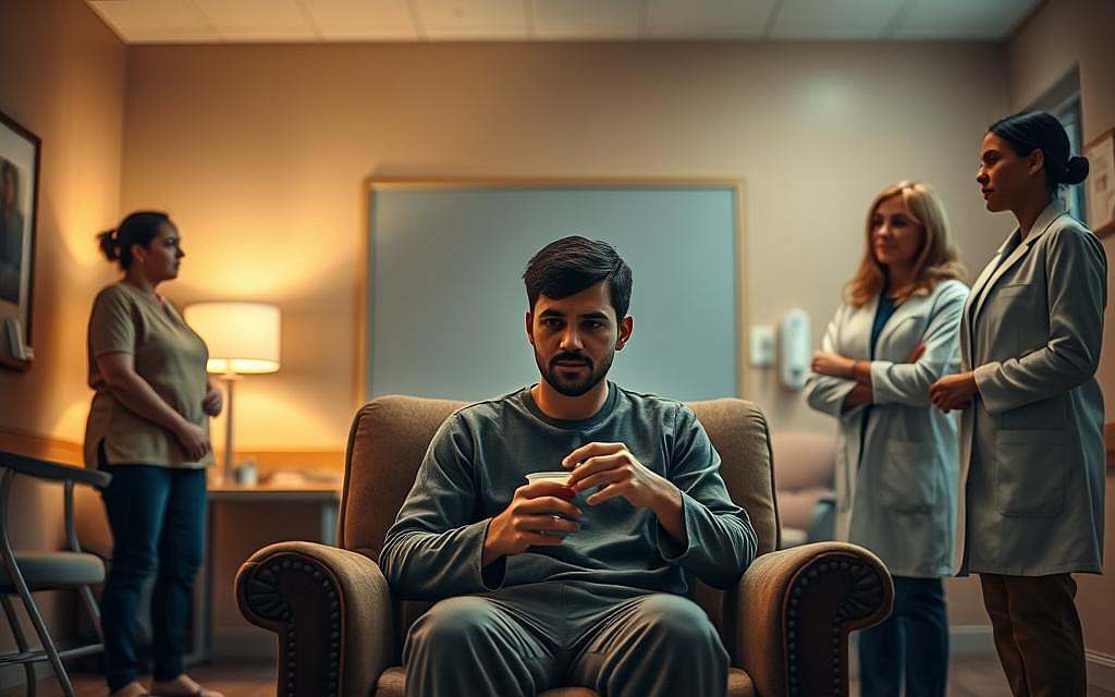 A serene, dimly lit clinic room, the walls painted in soothing earth tones. In the center, a patient sits on a plush chair, deep in contemplation, their gaze distant as they hold a small cup of methadone. Around them, supportive counselors stand at the ready, offering a compassionate presence. The room is infused with a sense of calm, a safe haven where the journey of recovery can begin. Soft, diffused lighting casts a warm glow, highlighting the patient's introspective expression and the empathetic expressions of the care team. The scene conveys the delicate balance of medical treatment and psychological support that characterizes the psychosocial aspects of methadone therapy.