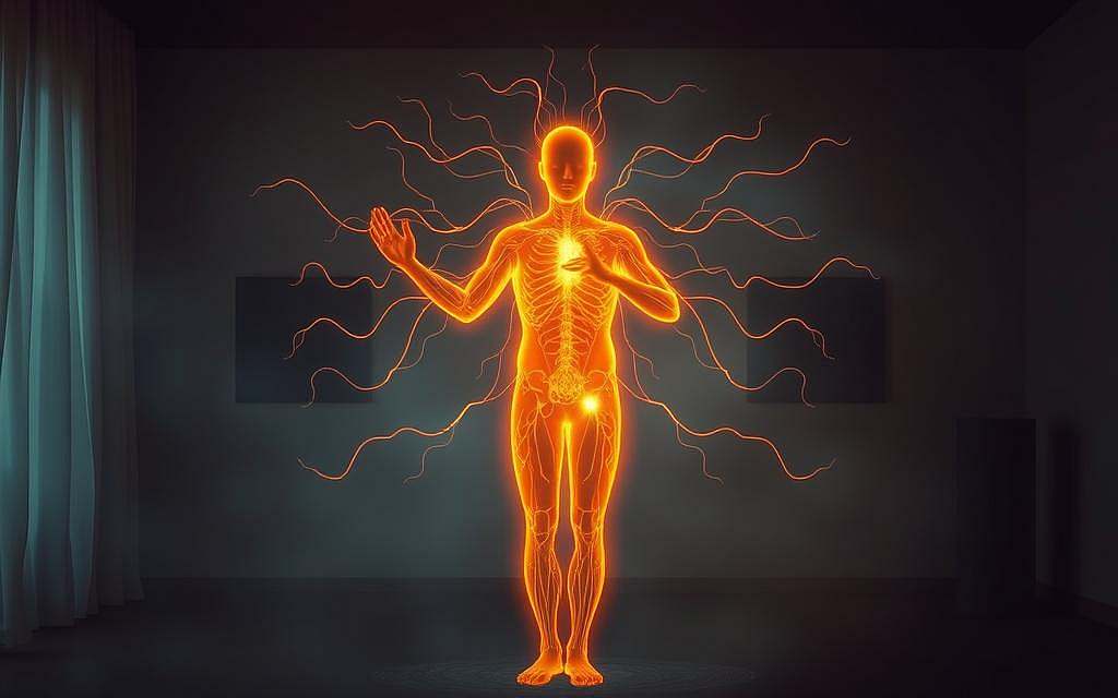 A serene, dimly lit indoor scene depicting the energetic flow of the human autonomic nervous system. In the foreground, a person is performing gentle Qigong movements, their body bathed in a soft, warm glow. Wispy tendrils of energy radiate from their core, representing the interconnectedness of mind, body, and spirit. In the middle ground, a detailed anatomical overlay reveals the intricate pathways of the sympathetic and parasympathetic systems, their balance and harmony symbolizing the healing power of Qigong. The background is shrouded in a hazy, ethereal mist, creating a sense of tranquility and the infinite nature of this ancient practice.