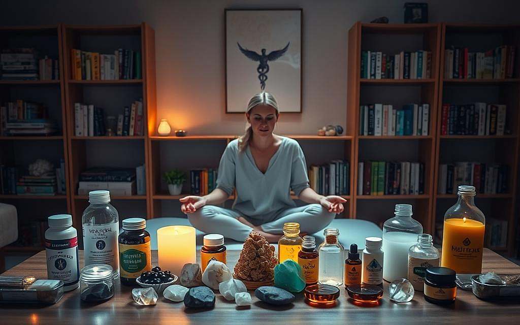 A serene, dimly lit room where various alternative healing modalities are showcased. In the foreground, a table displays an array of holistic supplements, crystals, and essential oils, emanating a soft, warm glow. In the middle ground, a practitioner sits cross-legged, their hands delicately placed on the shoulders of a patient, their expressions calm and focused. The background features shelves lined with books on natural remedies, herbal tinctures, and meditation guides, casting a soothing ambiance. The overall scene conveys a sense of tranquility, balance, and a harmonious integration of natural, holistic approaches to healthcare.