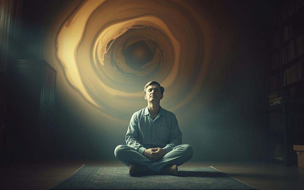 A serene, dimly lit study filled with an ethereal glow. In the foreground, a philosopher sits cross-legged, eyes closed in deep contemplation, their face illuminated by an inner light. Behind them, a swirling vortex of abstract forms and muted colors evoke the mystical nature of the Wesensschau, Husserl's concept of intuitive insight into the essential nature of phenomena. The background is shrouded in shadow, drawing the viewer's focus to the central figure and the meditative state of consciousness they have achieved. The scene is rendered with a soft, atmospheric lens, capturing the introspective and transcendent mood of the moment.