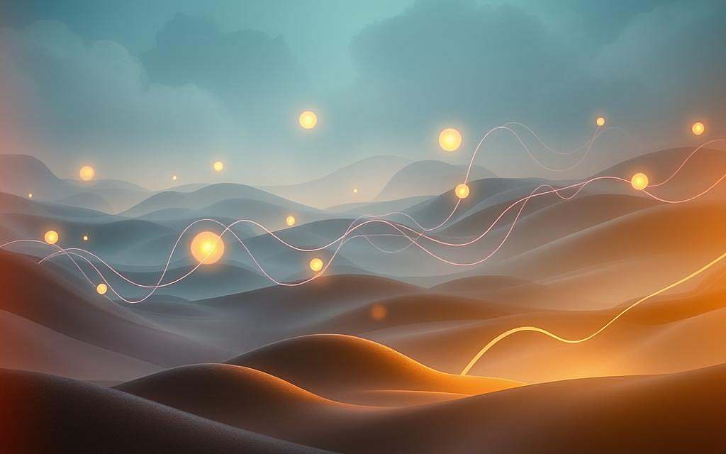 A serene, dreamlike landscape unfolds, with softly glowing orbs of light dancing amidst flowing, organic shapes. Tendrils of energy intertwine, transforming and merging, symbolizing the journey from rigid patterns to limitless potential. Muted hues of blue, purple, and green create a sense of tranquility, while subtle hints of gold and amber suggest the promise of liberation. The scene is captured through a warm, slightly hazy lens, evoking a sense of introspection and personal growth. Dramatic lighting casts dramatic shadows, guiding the viewer's gaze and fostering a contemplative mood. This visually striking yet calming image encapsulates the theme of "Vom Muster zur Freiheit – Wege der Transformation".